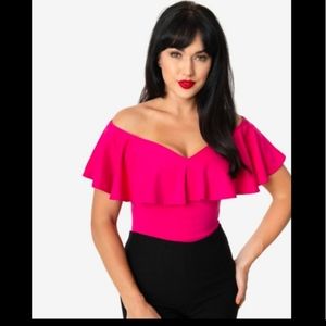 Unique Vintage 1950s Hot Pink Off Shoulder Ruffle Frenchie Top